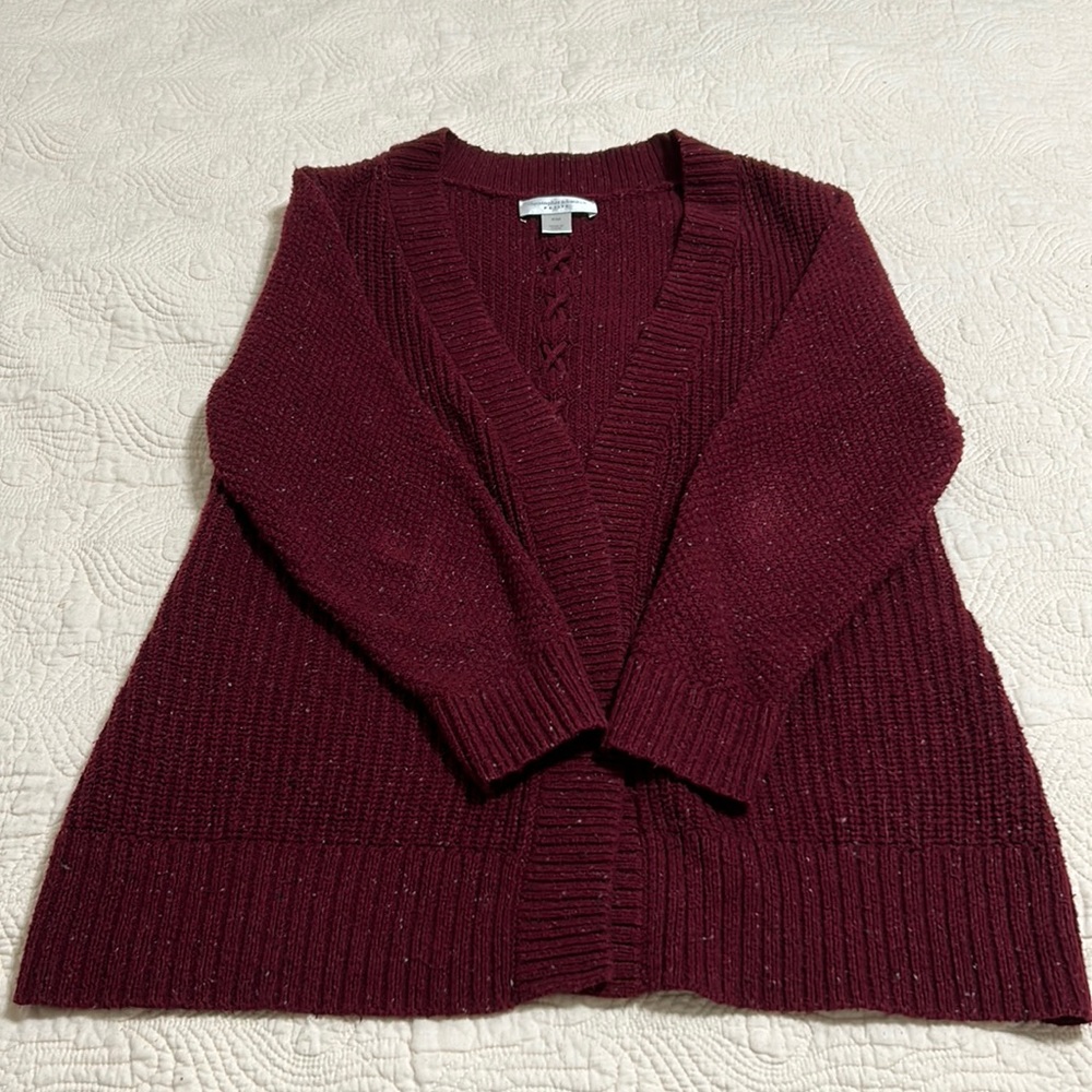 Burgundy Petite Sophisticate open front knit cardigan size PM